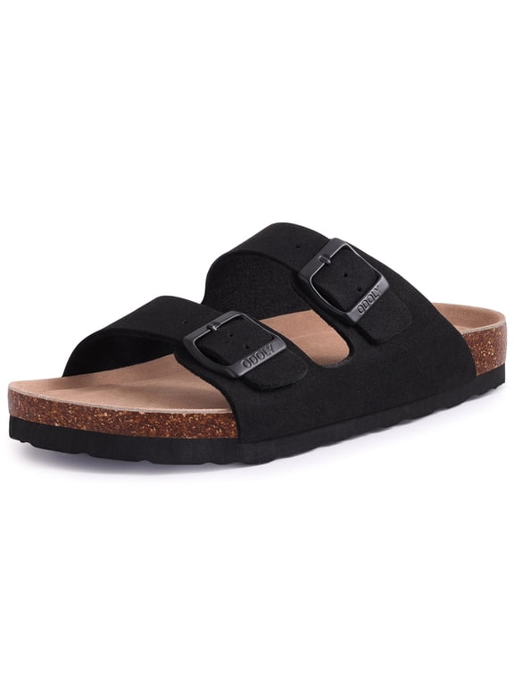 Women's Cork Footbed Slide Sandals with Arch Support Summer Leather Flat Sandals with Adjustable Buckle, Black