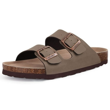 Litfun Women's Cork Footbed Slide Sandals with Arch Support Summer Leather Flat Sandals with Adjustable Buckle, Brown