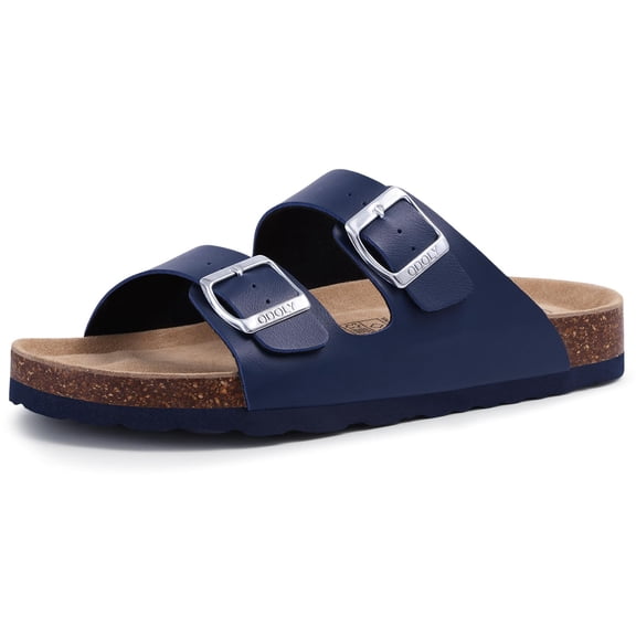 Litfun Women's Cork Footbed Slide Sandals with Arch Support Summer Leather Flat Sandals with Adjustable Buckle, Navy