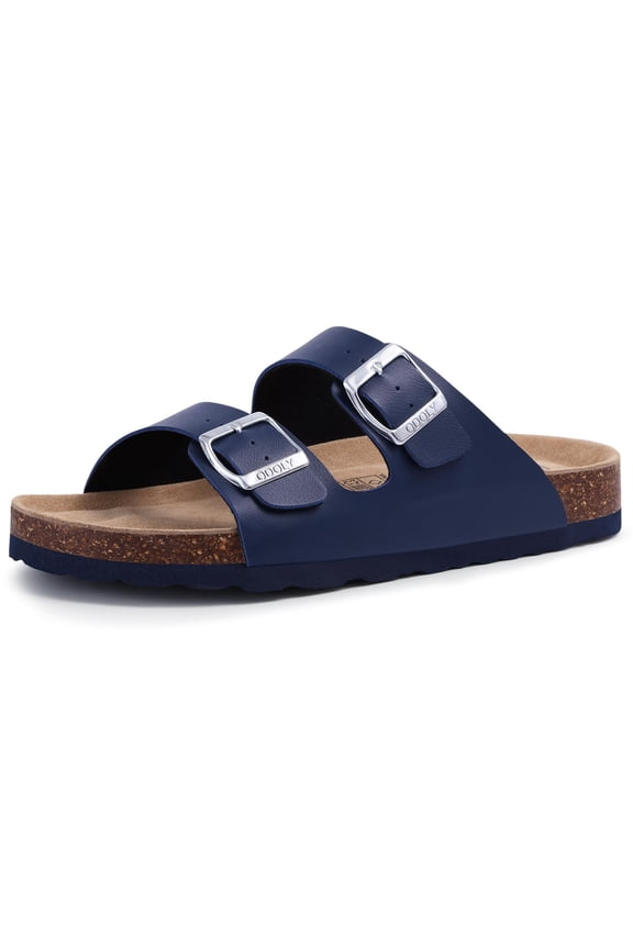 Women's Cork Footbed Slide Sandals with Arch Support Summer Leather Flat Sandals with Adjustable Buckle, Navy
