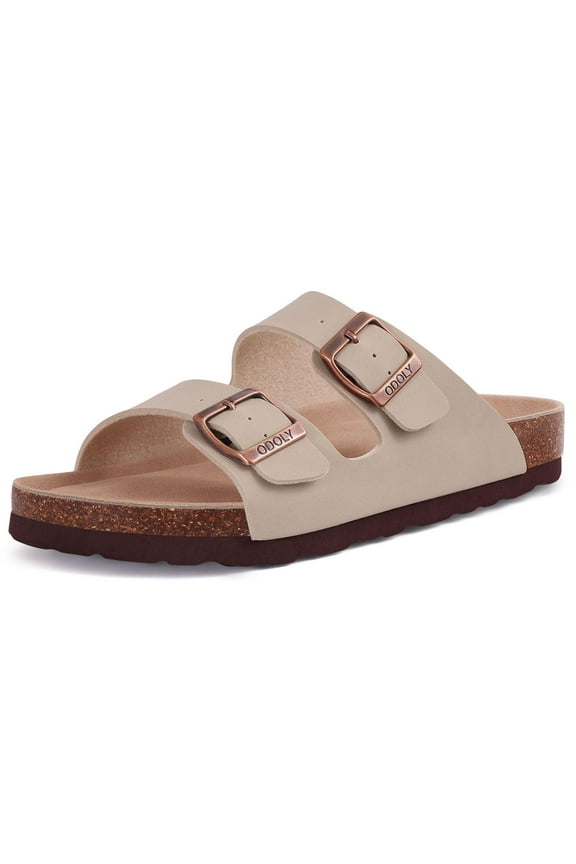 Women's Cork Footbed Slide Sandals with Arch Support Summer Leather Flat Sandals with Adjustable Buckle, Stone