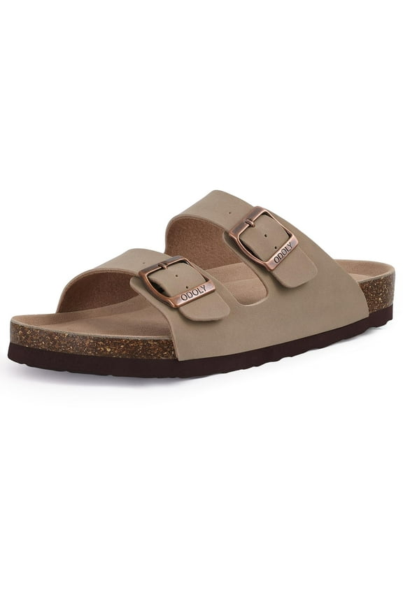 Women's Cork Footbed Slide Sandals with Arch Support Summer Leather Flat Sandals with Adjustable Buckle, Taupe