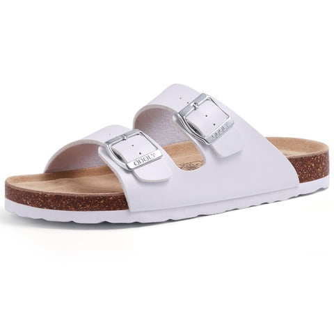 Litfun Women's Cork Footbed Slide Sandals with Arch Support Summer Leather Flat Sandals with Adjustable Buckle, White