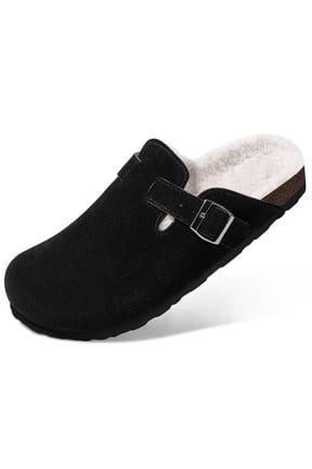Women's Faux Fur Lined Suede Clogs Fuzzy Cork Footbed Mules Slip On Winter Potato Shoes, Black