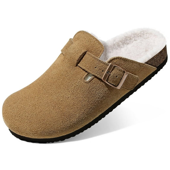 Litfun Women's Faux Fur Lined Suede Clogs Fuzzy Cork Footbed Mules Slip On Winter Potato Shoes, Brown