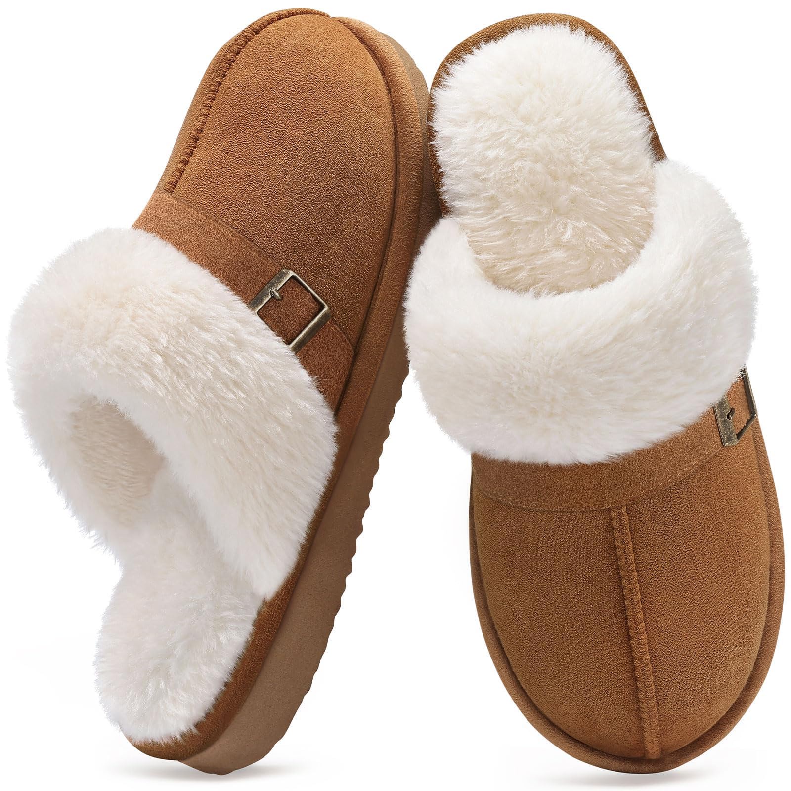 Litfun Women's Fuzzy Memory Foam Slippers Warm Comfy Winter House Shoes, Buckle Chestnut, Size 9-10
