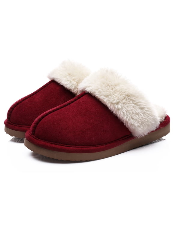 Women's Fuzzy Memory Foam Slippers Warm Comfy Winter House Shoes, Wine, Size 10.5-11