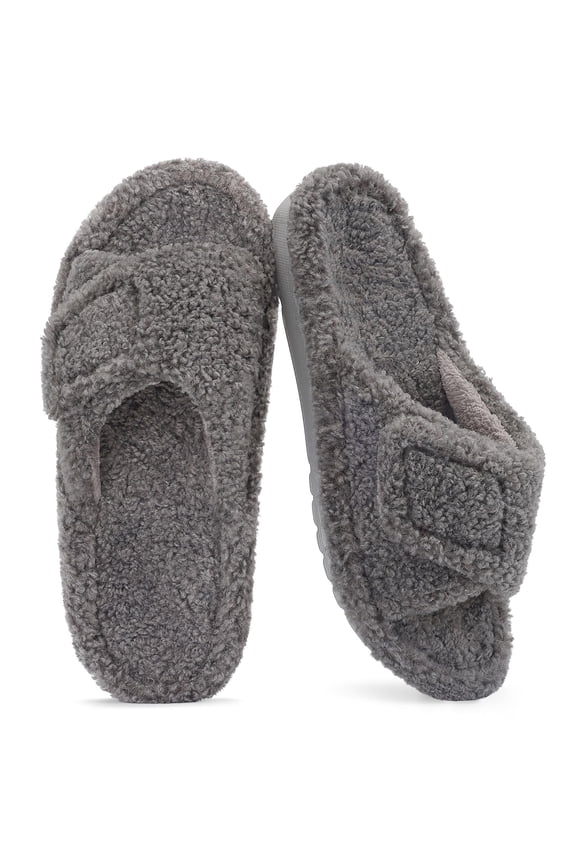 Women's Fuzzy Orthopedic Slippers with Arch Support Open Toe House Shoes for Plantar Fasciitis, Grey