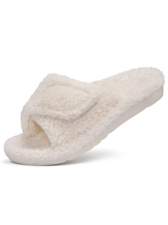 Women's Fuzzy Orthopedic Slippers with Arch Support Open Toe House Shoes for Plantar Fasciitis, White
