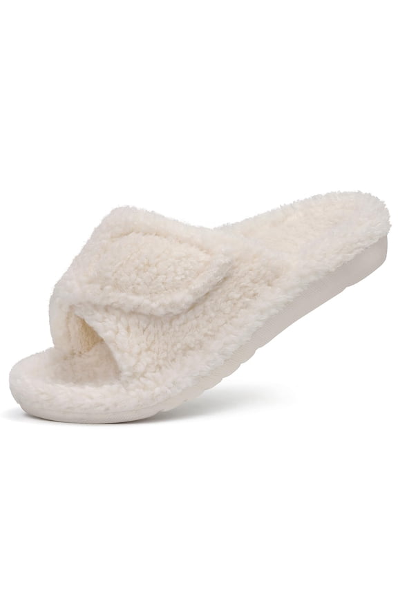 Women's Fuzzy Orthopedic Slippers with Arch Support Open Toe House Shoes for Plantar Fasciitis, White