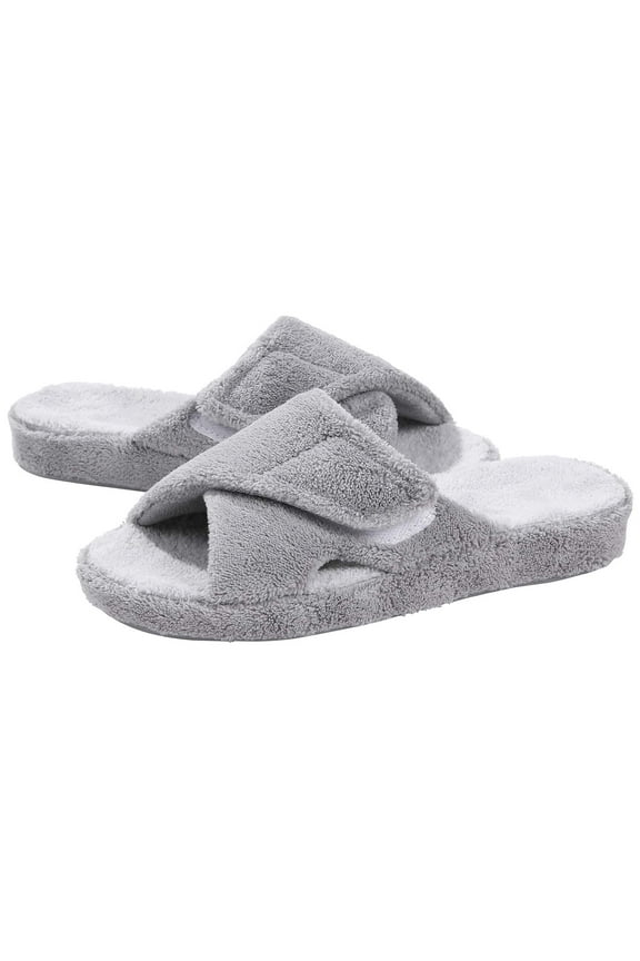 Women's Fuzzy Slippers Adjustable Terry Cloth Indoor Slippers Open Toe House Shoes with Arch Support