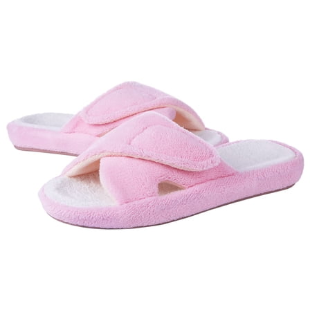 Litfun Women's Fuzzy Slippers Adjustable Terry Cloth Indoor Slippers Open Toe House Shoes with Arch Support
