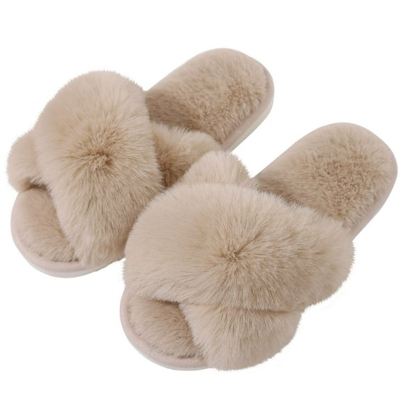 Litfun Women's Fuzzy Slippers Open Toe Cross Band Slippers Memory Foam House Slippers for Women, Camel
