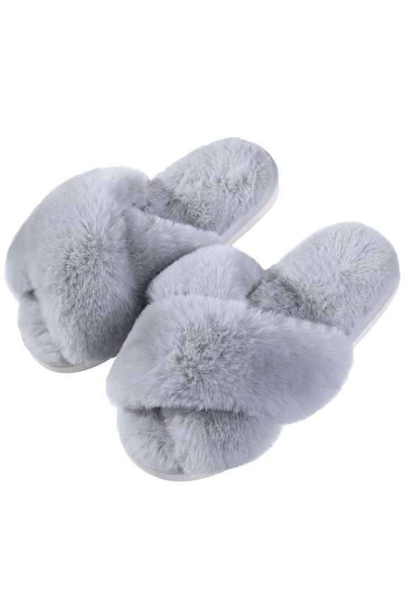Women's Fuzzy Slippers Open Toe Cross Band Slippers Memory Foam House Slippers for Women, Grey