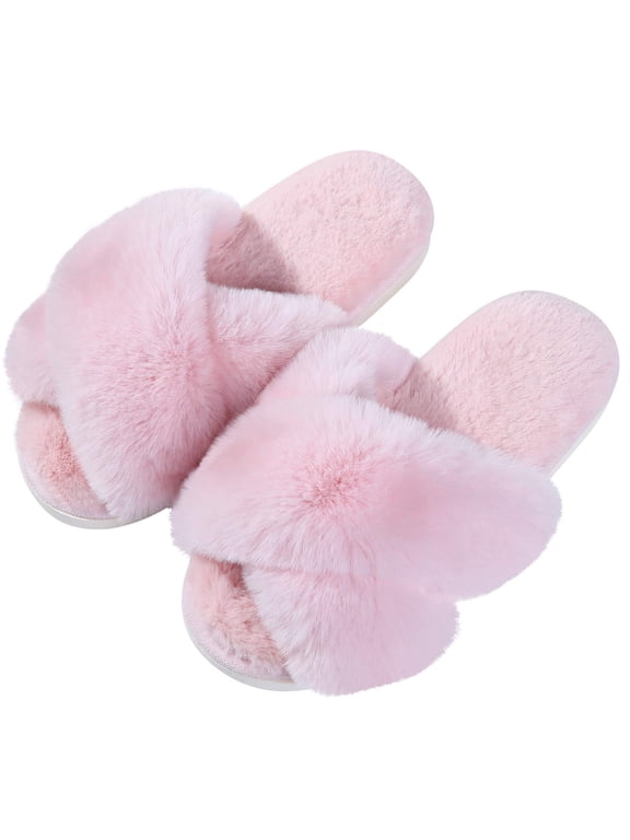 Women's Fuzzy Slippers Open Toe Cross Band Slippers Memory Foam House Slippers for Women, Pink