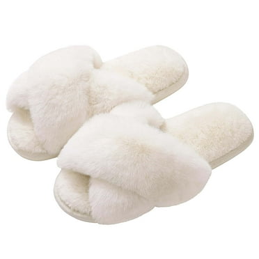 Litfun Women's Fuzzy Slippers Open Toe Cross Band Slippers Memory Foam House Slippers for Women, White