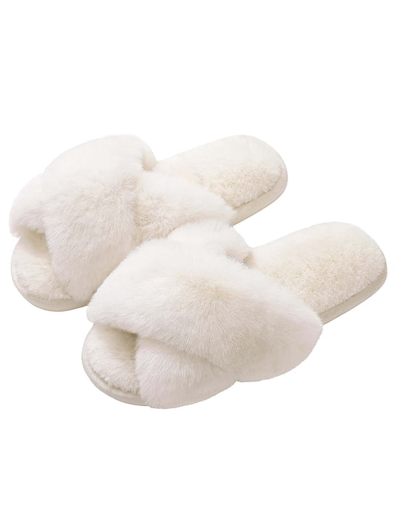 Women's Fuzzy Slippers Open Toe Cross Band Slippers Memory Foam House Slippers for Women, White