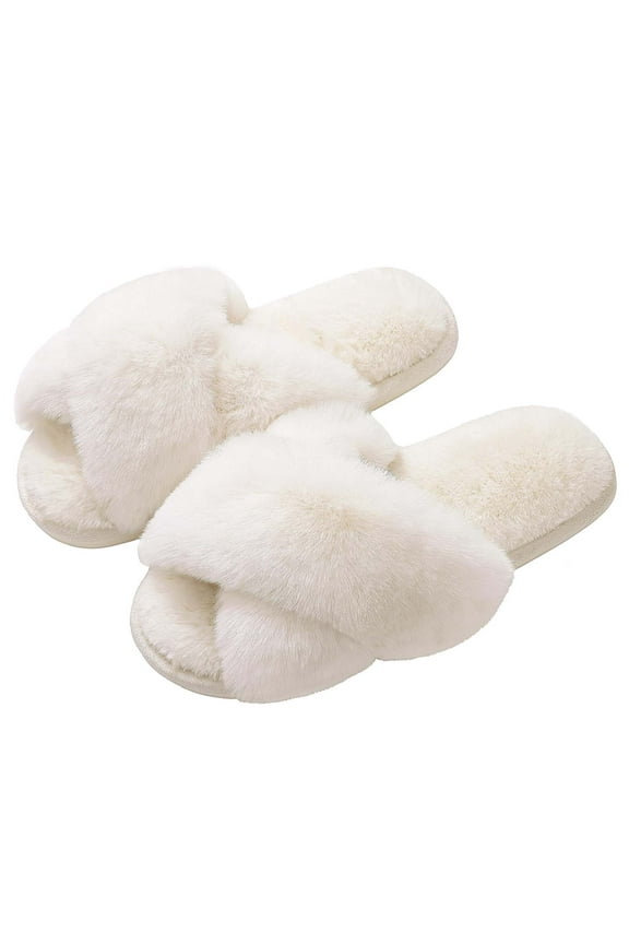 Women's Fuzzy Slippers Open Toe Cross Band Slippers Memory Foam House Slippers for Women, White