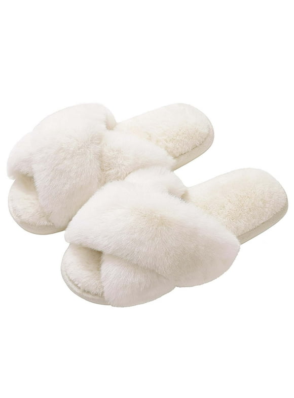 Women's Fuzzy Slippers Open Toe Cross Band Slippers Memory Foam House Slippers for Women, White