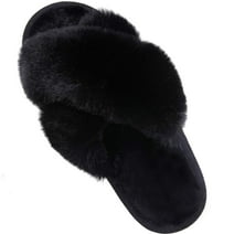 Litfun Women's Fuzzy Slippers Plush Cross Band Open Toe House Thick Sole Slippers, Black, Size 7-8