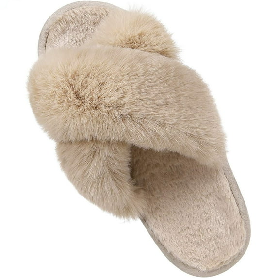 Litfun Women's Fuzzy Slippers Plush Cross Band Open Toe House Thick Sole Slippers, Camel, Size 5-6.5