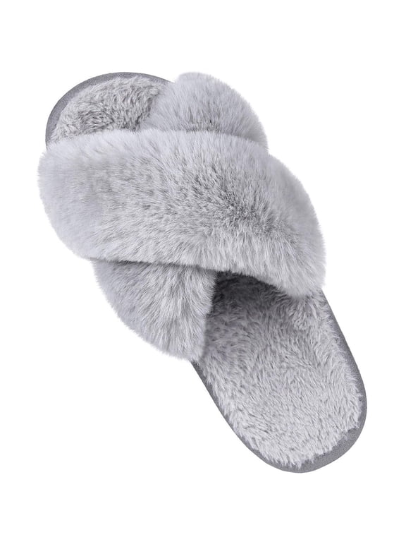 Women's Fuzzy Slippers Plush Cross Band Open Toe House Thick Sole Slippers, Grey, Size 5-6.5
