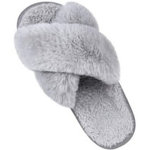 Litfun Women's Fuzzy Slippers Plush Cross Band Open Toe House Thick Sole Slippers, Grey, Size 7-8