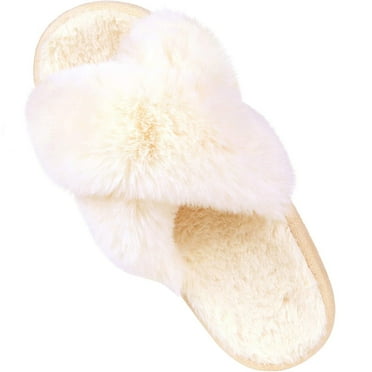 Litfun Women's Fuzzy Slippers Plush Cross Band Open Toe House Thick Sole Slippers, White, Size 8.5-9.5