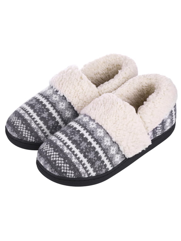 Women's Memory Foam House Shoes Warm Comfy Fuzzy House Slippers with Knit Fleece Lined, Grey, 11-12