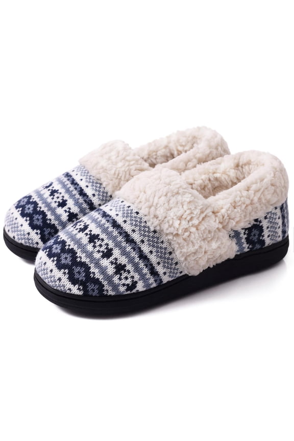 Women's Memory Foam House Shoes Warm Comfy Fuzzy House Slippers with Knit Fleece Lined, Navy, 7-7.5