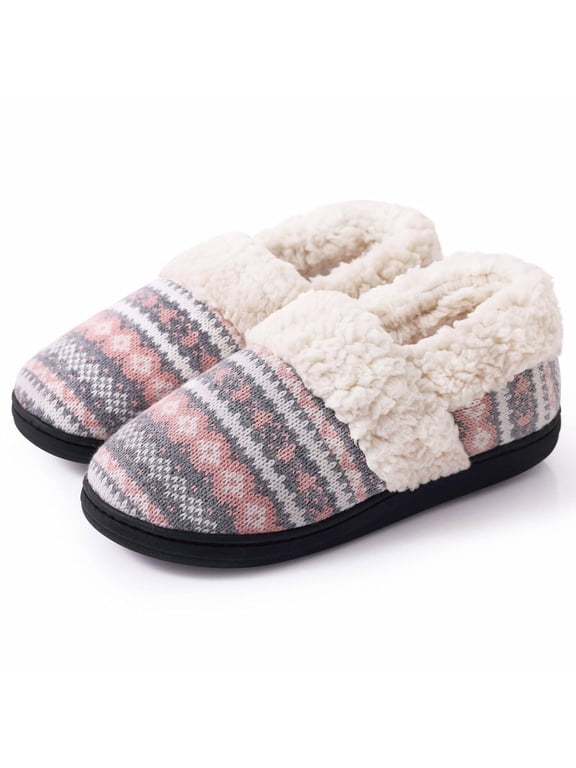 Women's Memory Foam House Shoes Warm Comfy Fuzzy House Slippers with Knit Fleece Lined, Pink, 8-8.5