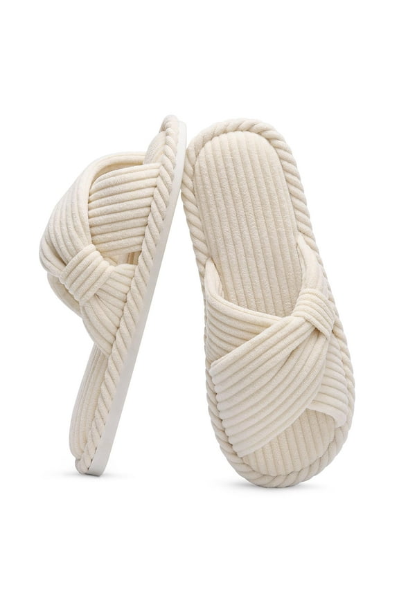 Women's Open Toe Slippers Corduroy Cross Bow House Slippers Memory Foam Slide Slippers, Beige