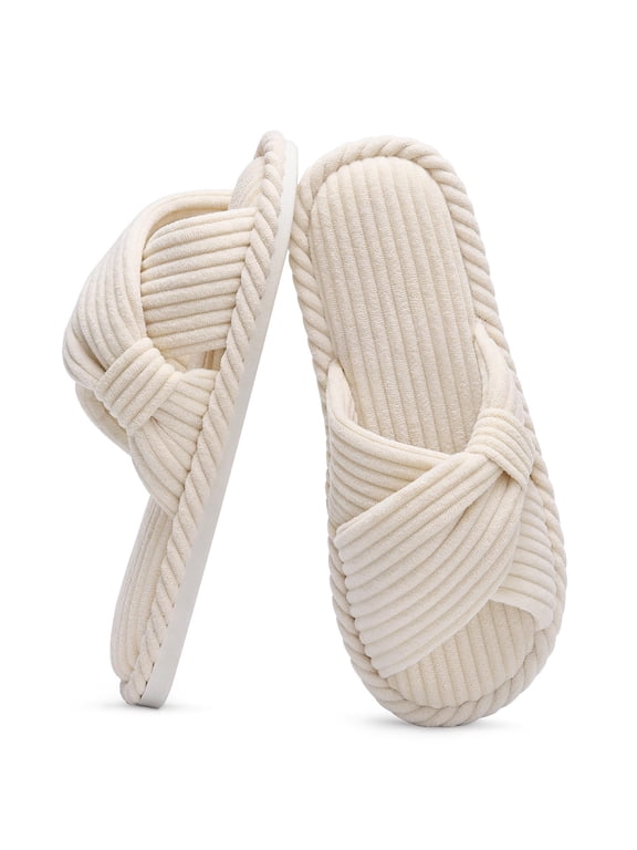 Women's Open Toe Slippers Corduroy Cross Bow House Slippers Memory Foam Slide Slippers, Beige