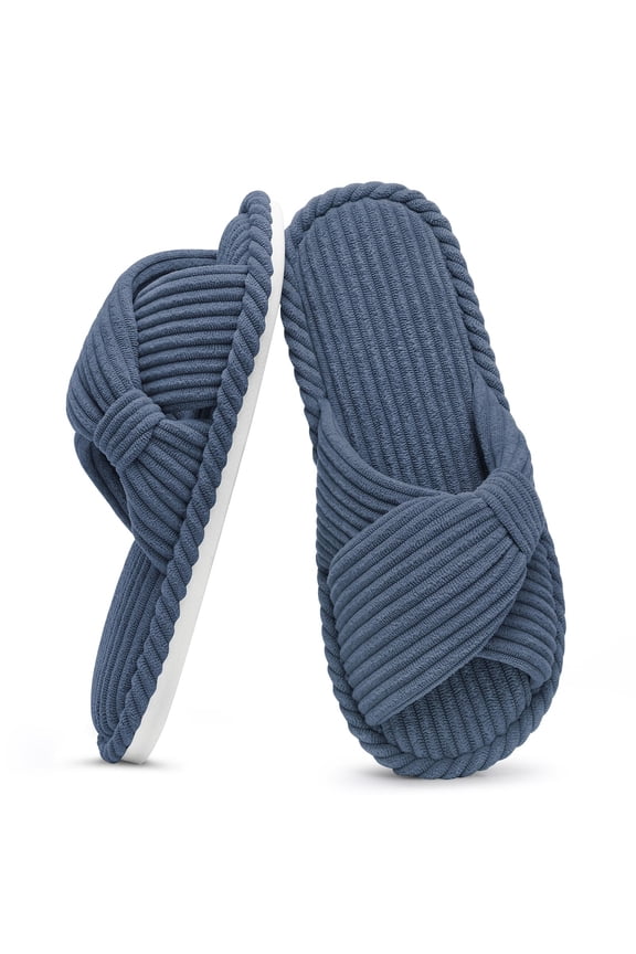 Women's Open Toe Slippers Corduroy Cross Bow House Slippers Memory Foam Slide Slippers, Blue