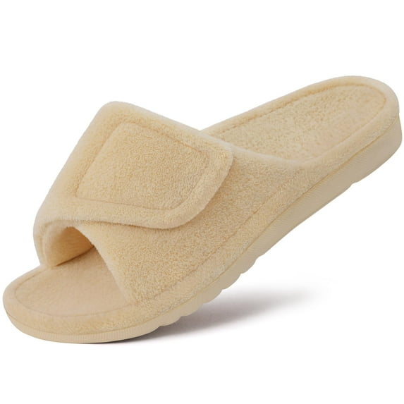 Litfun Women's Orthopedic Slippers with Arch Support Adjustable Coral Velvet Slide Slippers Open Toe House Shoes, Beige