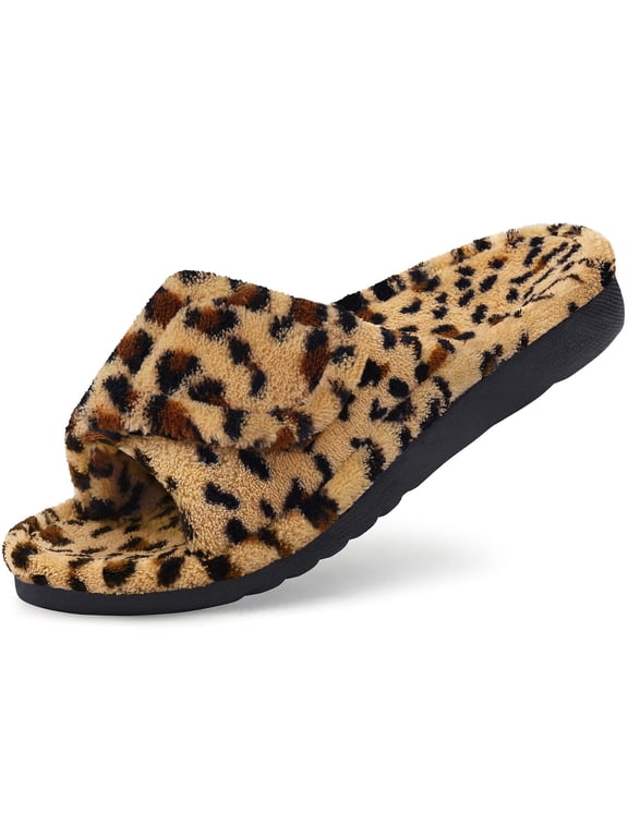 Women's Orthopedic Slippers with Arch Support Adjustable Coral Velvet Slide Slippers Open Toe House Shoes, Cheetah Brown