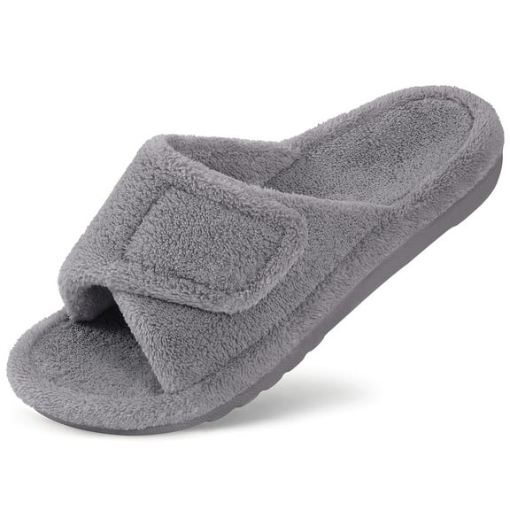 Litfun Women's Orthopedic Slippers with Arch Support Adjustable Coral Velvet Slide Slippers Open Toe House Shoes, Grey