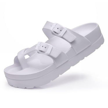 Litfun Slides for Women Thick Soles Slide Sandals with Arch Support Adjustable Buckle Platform Sandals, White, 8-8.5