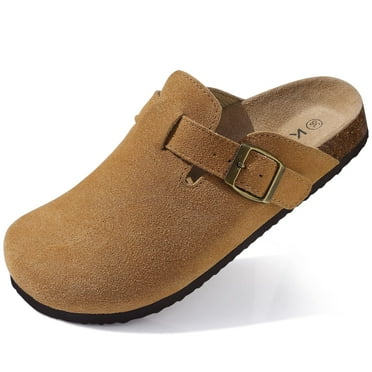 Litfun Women's Suede Clogs Leather Mules Cork Footbed Sandals Arch Support Potato Shoes with Adjustable Buckle