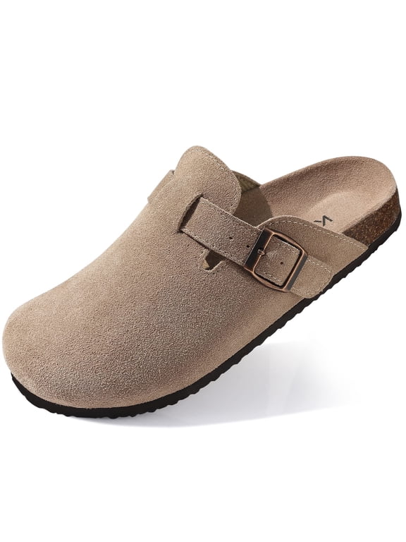 Women's Suede Clogs Leather Mules Cork Footbed Sandals Arch Support Potato Shoes with Adjustable Buckle