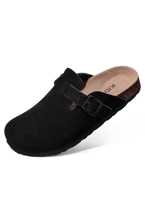 Women's Suede Clogs Leather Mules Cork Footbed Sandals Arch Support Potato Shoes with Adjustable Buckle