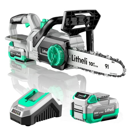 Litheli 20V 10" Cordless Handheld Chainsaw + 4.0Ah Battery Pack & Charger for Tree Pruning, Branch Cutting, Yard, Garden