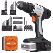 Litheli 20V Cordless 1/2" Drill Driver Kit includes an Electric Power Drill with 443 in lbs High Torque, a 2.0Ah Battery, 54PC Driver Bits, 9PC Nut Drivers, and Tool Bag