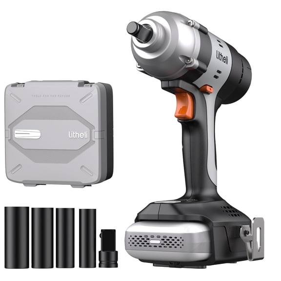 Litheli 20V Cordless Impact Wrench includes 1/2" Impact Drill with 400N.m Max Torque and LED Light for Dark Environment, 2.0Ah Battery, 4PC Socket Wrench and Tool Bag