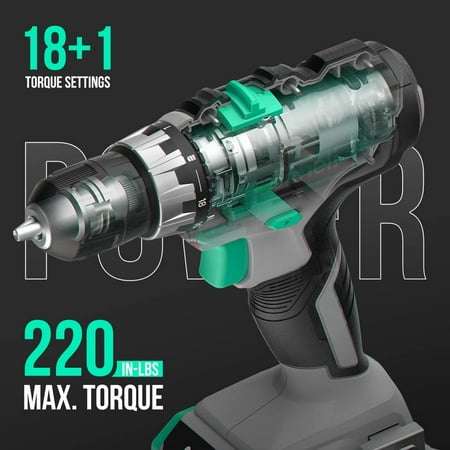 Litheli Cordless Drill Set, 20V Max Power Drill, 3/8” Keyless Chuck, 18+1 Torque Settings, Variable Speed, w/ 2.0 Ah Battery and 1 Hour Fast Charger Included