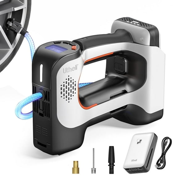 Litheli Cordless Tire Inflator, 150 Psi Air Compressor for Car Tires with Auto Shutoff, Compact Pump with Gauge & LED Light, and 2.0Ah Portable Battery