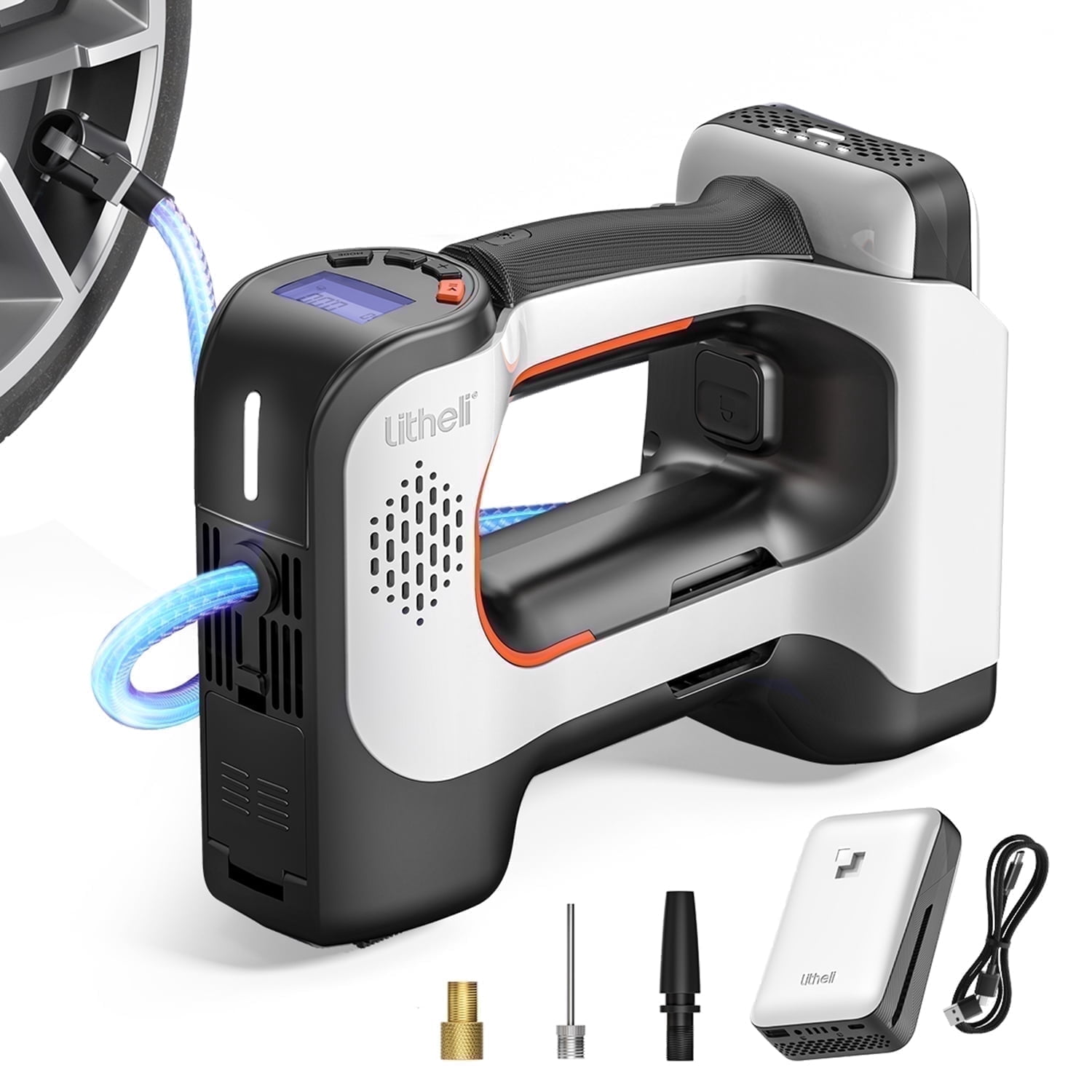Litheli Cordless Tire Inflator, 150 Psi Air Compressor for Car Tires with Auto Shutoff, Compact Pump with Gauge & LED Light, and 2.0Ah Portable Battery