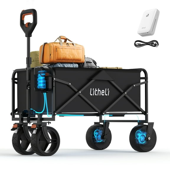 Litheli Electric Utility Wagon, 90L Black Portable Folding Cart with Dual 60W Hub Motors, Stepless Speed & 4Ah Battery for Beach, Grocery, Camping & Shopping