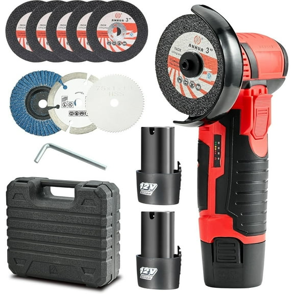 LithiCraft 12V Brushless 3 inch Cordless Angle Grinder with 2 Batteries, 19500rpm Portable Cutter for Tile & Steel