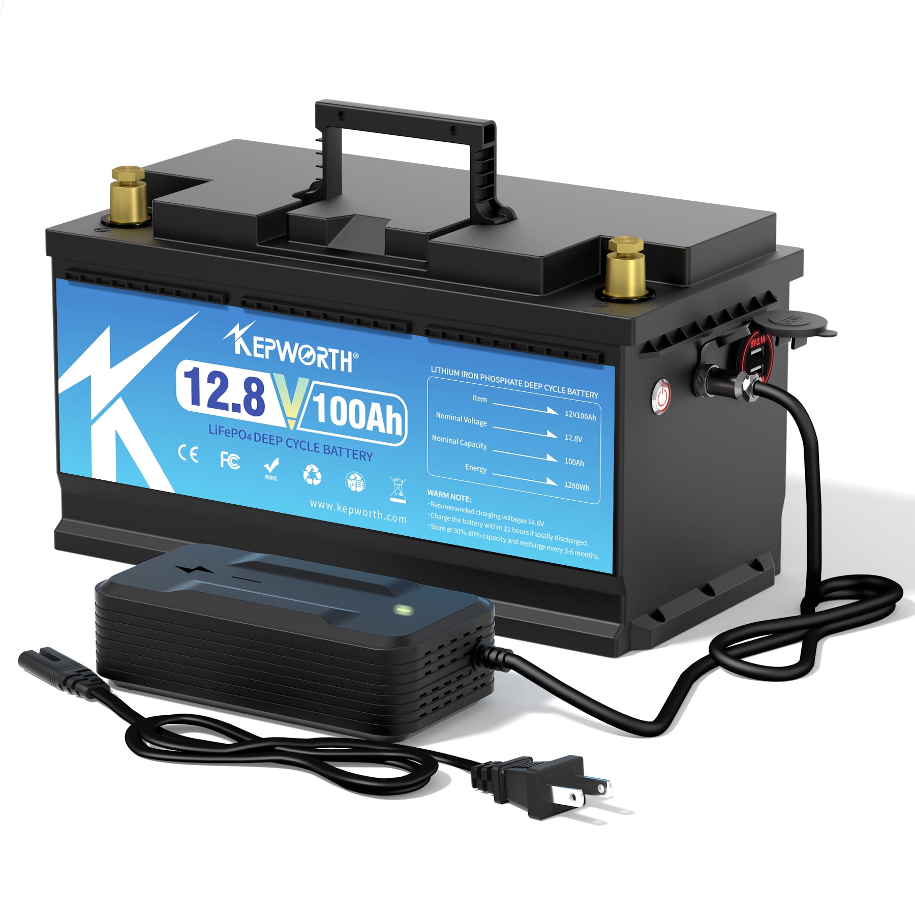 Lithium Battery 12V 100Ah LiFePO4 Batteries with 100A BMS, 8000+ Deep Cycle Rechargeable, for Solar, Marine, Boat, RV, Trolling Motor, with a 7A charger